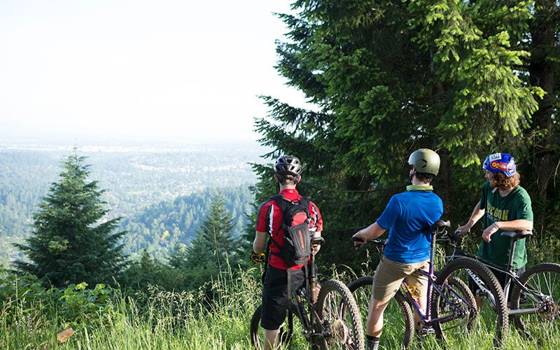 Three students stop to enjoy the view from the top of a hill on a mountain bike ride.